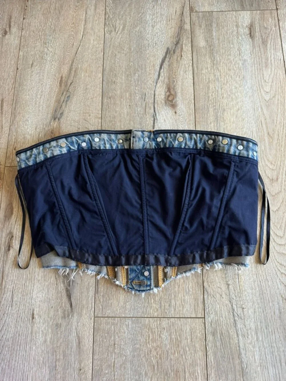 GUESS USA Silver Stud Embellished Gusa‎ Indigo Brown Tint Denim Corset Large